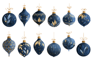 Midnight blue ornaments, gold glitter accents, warm lights