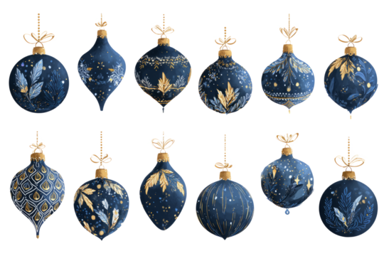 Midnight blue ornaments, gold glitter accents, warm lights