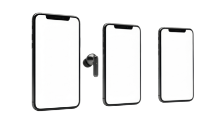Three modern dark grey smartphones with dynamic island notches and a sleek wireless earbud on a seamless light grey background, brightly lit studio shot, 45-degree elevated view, high-tech product