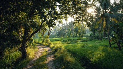 Obraz premium Winding path through lush green rice fields, bright sunlight filters through trees overhead