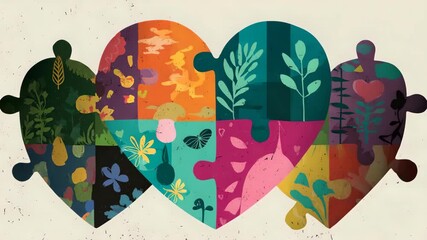 Abstract puzzle pieces connecting ideas like environment, equality, education shaped as heart showing youth unity - Powered by Adobe