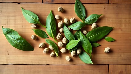 Fresh Tea Leaves on Rustic Wooden Surface Overhead View
