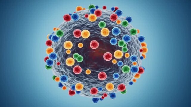 Colorful spherical virus amidst blue abyss