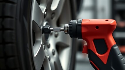 Automotive tool close-up, impact screwdriver on tire in professional garage setting.