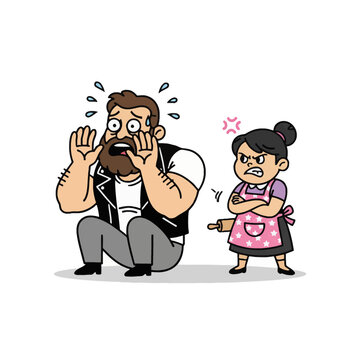 Husband Under Control Bold, flat vector of a huge, tough guy sweating in fear as his tiny wife asserts dominance. Great for marital comedy and domestic satire.