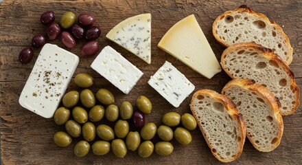 Artfully arranged selection of gourmet cheeses, olives, and crusty artisan bread slices on a rustic wooden board, perfect for culinary inspiration and food styling.