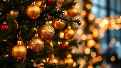 A festively decorated tree adorned with golden ornaments, surrounded by twinkling holiday lights.