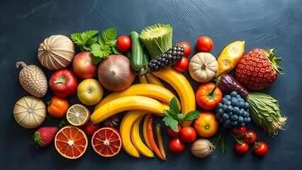 Colorful fresh fruits and vegetables arranged artistically on a dark surface.