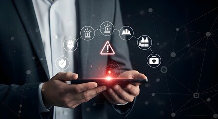 Risk management concept with businessman holding tablet showing security and warning icons