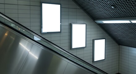Modern escalator ascends past three illuminated blank white billboards on a tiled wall in a contemporary underground station.