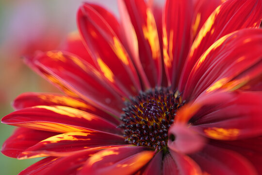 Close up of a vibrant red and yellow daisy flower in full bloom