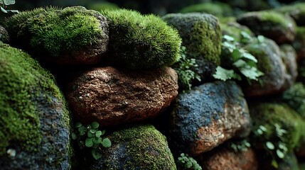 Moss covered stone wall with greenery high resolution image