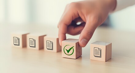 Hand selecting wooden block with green checkmark icon among document file icons concept