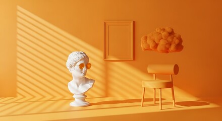 A minimalist orange interior scene featuring a classical bust with sunglasses, a framed picture, a cloud-like sculpture, and a modern chair, bathed in soft light and shadow.