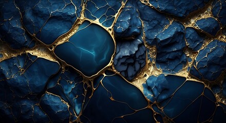 Abstract close-up of deep blue, polished stones with intricate, shimmering gold veins, creating a textured, organic pattern.
