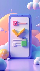 Stylized smartphone display with pastel-colored checkmarks and 3D elements