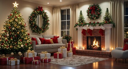 Cozy Christmas living room with tree, fireplace, wreaths and gifts.