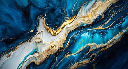 Abstract fluid art with swirling blue, white, and gold colors creating a luxurious marbled pattern.