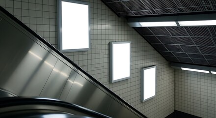 An interior view of an underground subway station with blank illuminated advertising displays.