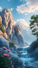 Rocky cliffs with pine tree landscape
