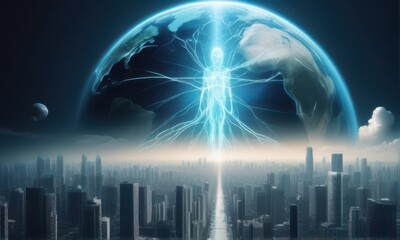 Abstract Cityscape with Glowing Earth and Network Connection in Night Sky