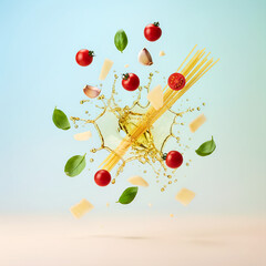Floating Mediterranean Pasta Ingredients in Surreal Composition