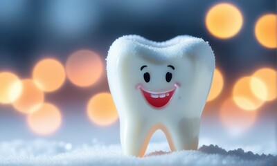 Cartoon Tooth Character with Smiling Face on Snowy Surface with Bokeh Lights