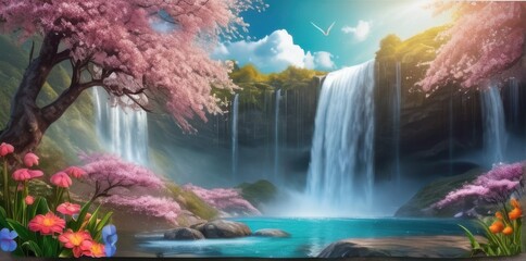 Cascading Waterfall Amidst Lush Pink Blossoms and Verdant Forest Landscape