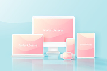 Collection Of Electronic Devices Displaying Pink Gradient Designs Against Blue Background