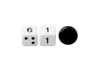 Two transparent dice (showing six and one) with a polished black onyx disc, isolated on a solid transparent background, sharp focus, 45-degree macro studio shot, concept of minimalist product