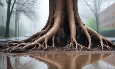 Close Up of Tree Roots on Pavement with Water Reflection and Soft Focus