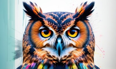 Close Up Portrait of a Vibrant Owl with Bright Yellow Eyes on a Splattered White Background