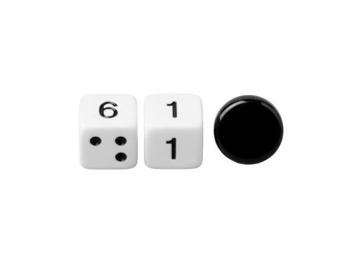 Two transparent dice (showing six and one) with a polished black onyx disc, isolated on a solid transparent background, sharp focus, 45-degree macro studio shot, concept of minimalist product