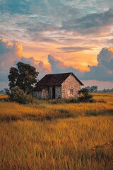 Fototapeta premium Serene Homestead in Golden Field: A rustic stone house, nestled amidst a vast golden field of wheat, stands serenely under a dramatic sunset sky, invoking feelings of peace and tranquility.