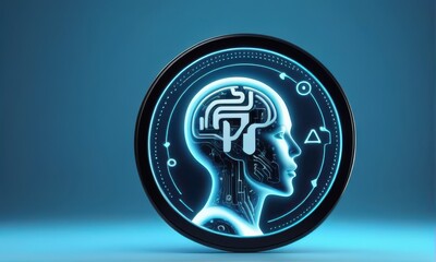 Cybernetic Profile Hologram Glowing on Round Device Against Teal Background