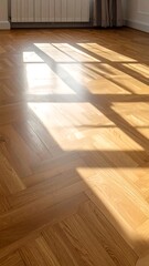 Sunlight streams through a window onto a polished hardwood floor, creating long shadows