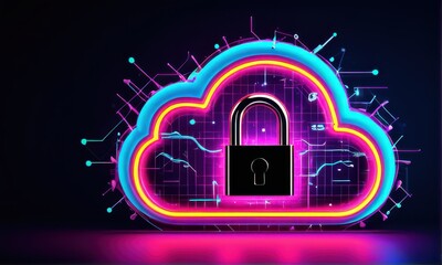 Cyber Security Cloud With Padlock on Pink Surface Under Glowing Blue Light