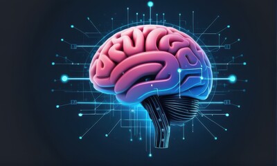 Digital Pink And Blue Human Brain With Artificial Intelligence On Dark Blue Background