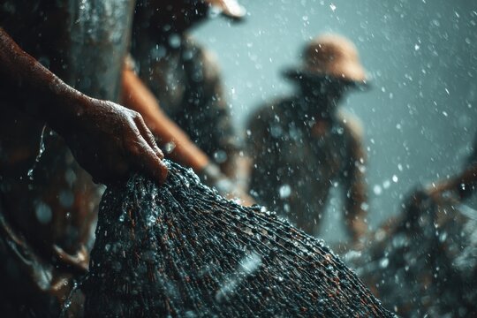 Fishermen Hauling Fishing Net in Misty Rain, Dramatic Lighting, Close-Up Focus.