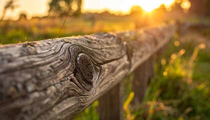 Golden Hour Warmth on a Weathered Wooden Fence Post with Intricate Wood Grain and Bokeh Background