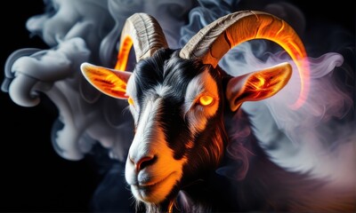 Dramatic Portrait of A Goat with Fiery Horns Against Smoke Background