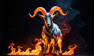 Dramatic Image of a Goat with Fiery Horns Amidst Smoke and Flames
