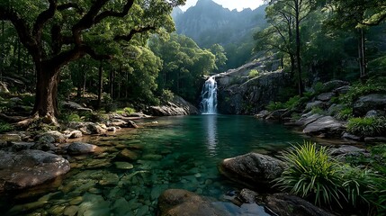 Scenic rocky waterfall surrounded by greenery high resolution image