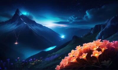 Enchanting Blue Landscape with Vibrant Orange Flowers and Majestic Mountain Under Starry Sky