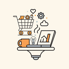 E-Commerce and Delivery Icons Set with Laptop, Shopping Cart and Shipping Truck