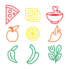Food and Fruit Icons Set with Pizza, Apple, Citrus and Vegetables