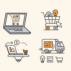 E-Commerce and Delivery Icons Set with Laptop, Shopping Cart and Shipping Truck
