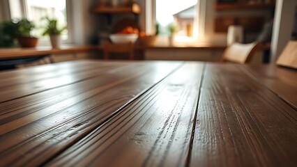 Close-up of a wooden table surface highlighting natural grain texture under soft kitchen light.