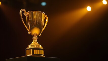 Golden trophy on a pedestal illuminated by a warm spotlight against a dark blurred background.