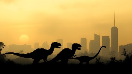 Dinosaur silhouettes fading into mist against a city skyline, symbolizing ancient extinction.